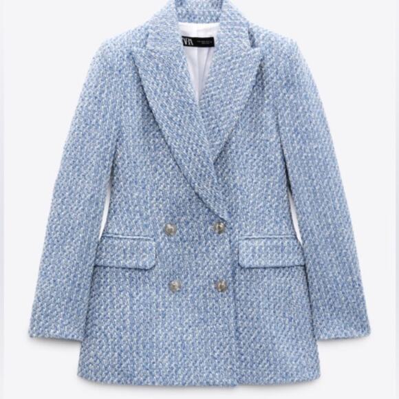Zara Jackets & Blazers - Zara Textured Double-breasted Blazer Blue White 8741/725 - large